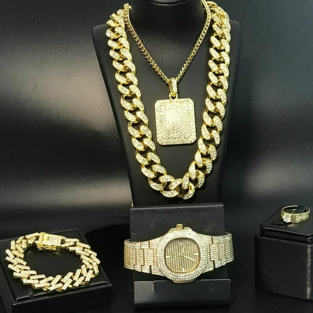 Jewelry Set For Men, Hip Hop Watch, Necklace, Pendant, Bracelet & Ring - Gold Jewelry Set / 20inch