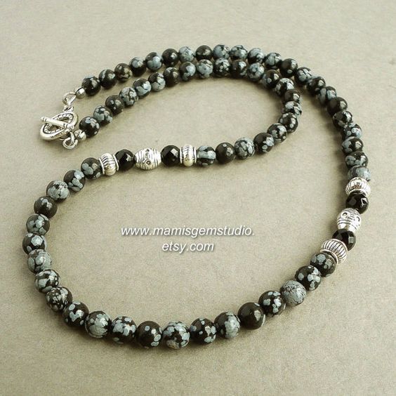 Mens Beaded Necklace, Snowflake Obsidian, Black Onyx, Gemstone Handmade Jewelry for Men, Guys, Dads