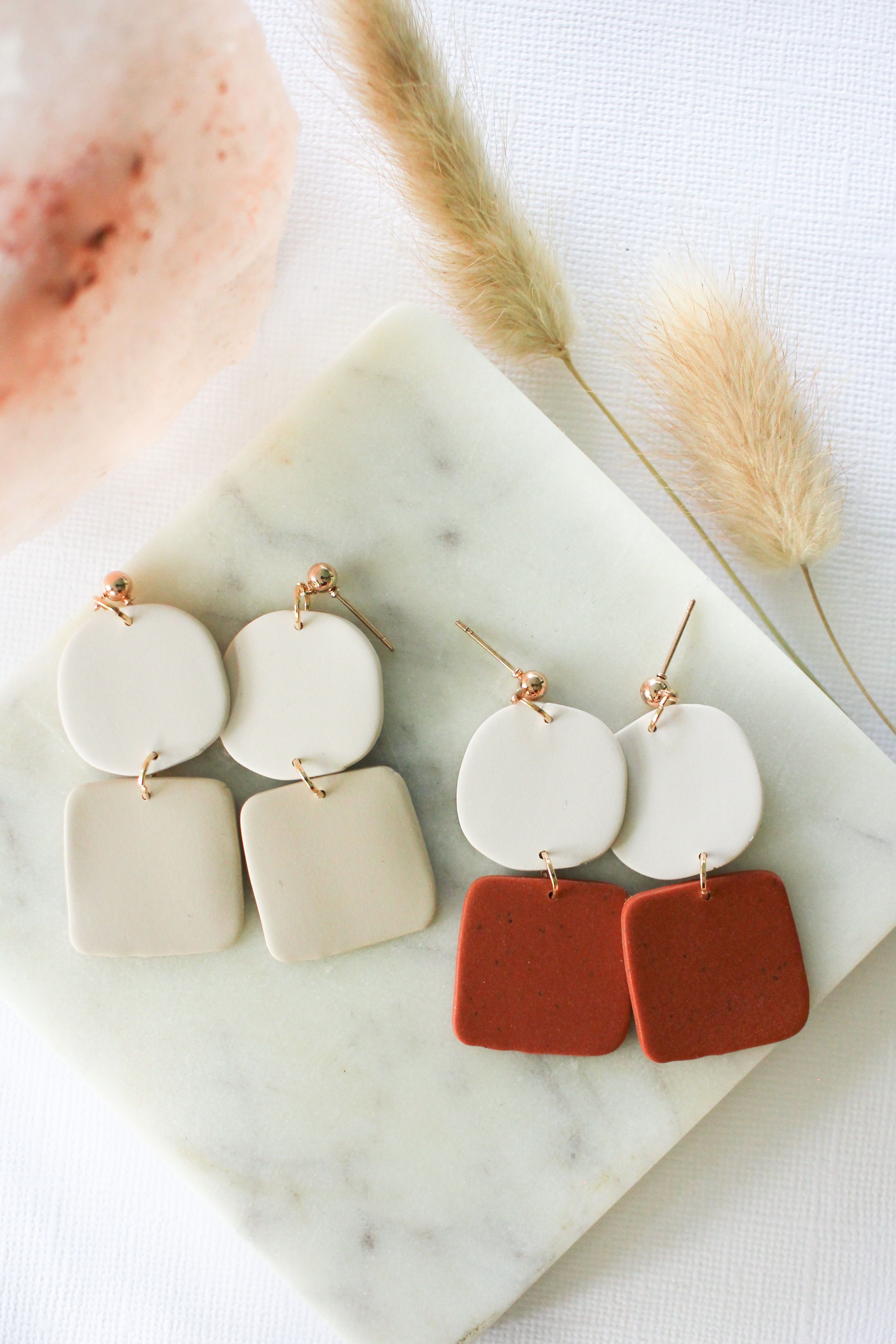 colorblock polymer clay earrings in beige and terracotta