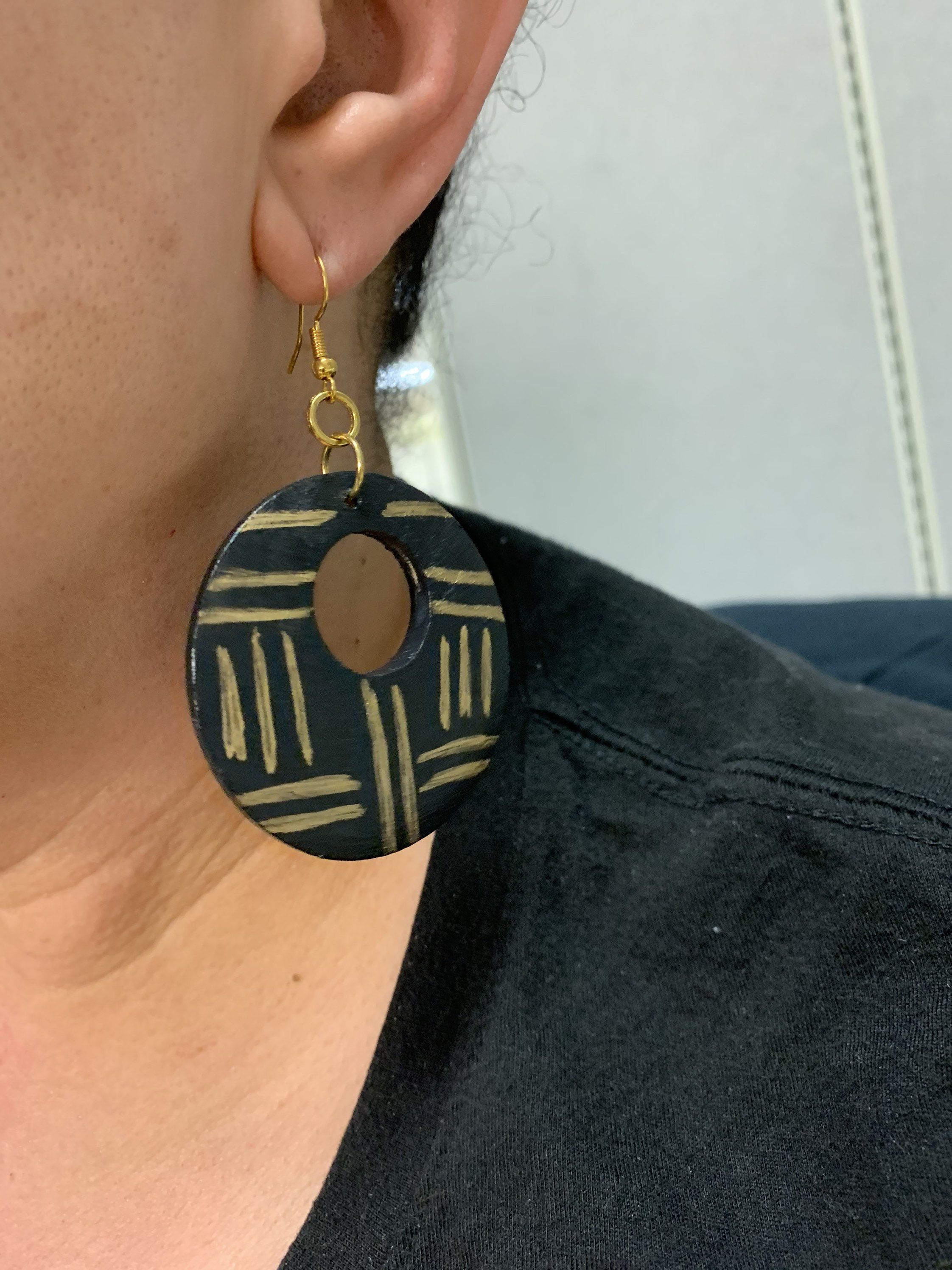 African inspired hand painted earrings, mud cloth designed wooden earrings, Big bold statement earrings, Black owned jewelry shop