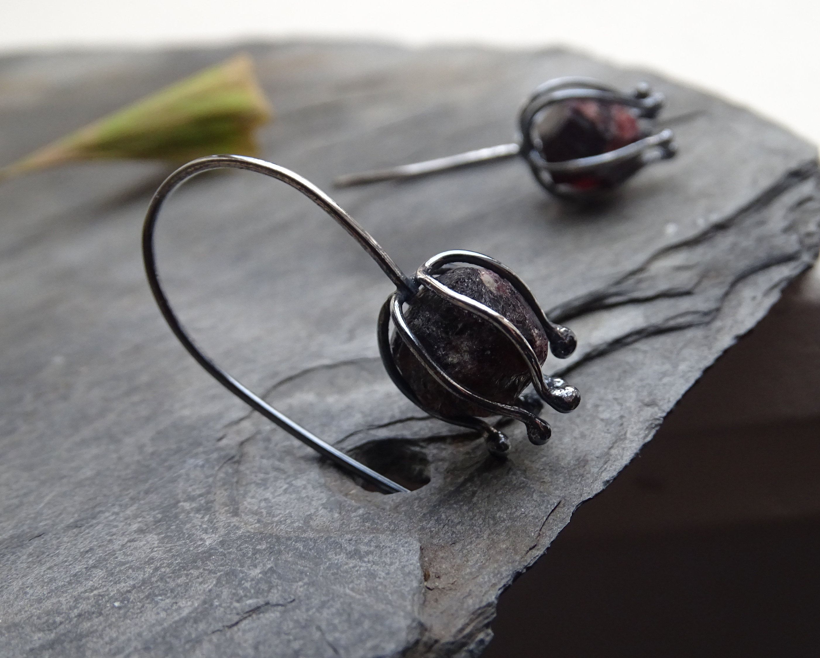 Garnet earrings,gemstone earrings,earthly earrings,silver blackened earrings