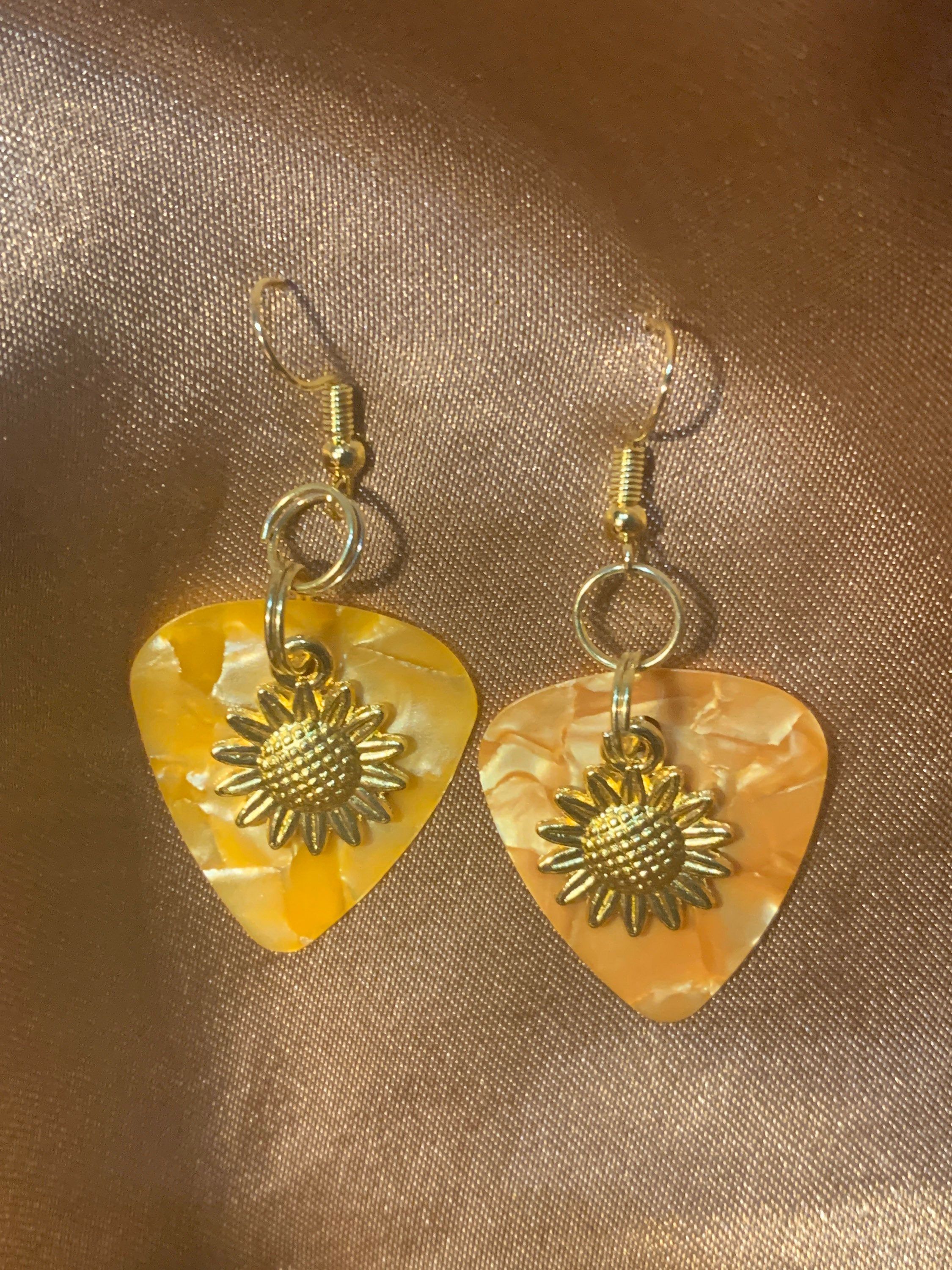 Sunflower and Guitar pick earrings inspired by a song