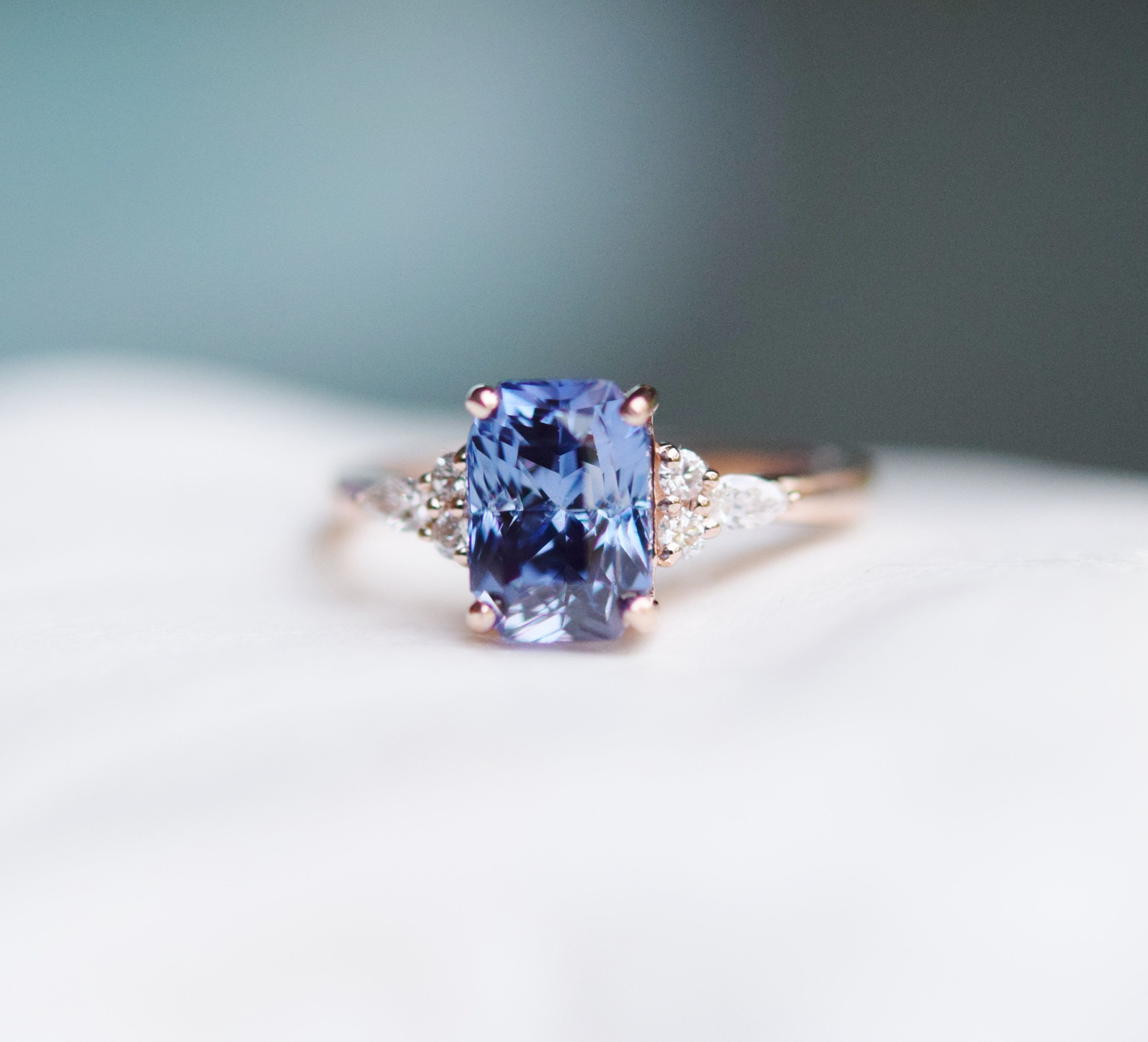 Rose Gold Engagement Ring. Vibrant Blue Sapphire Ring. 14k rose gold diamond ring. Emerald Radiant cut Sapphire. Campari by Eidelprecious