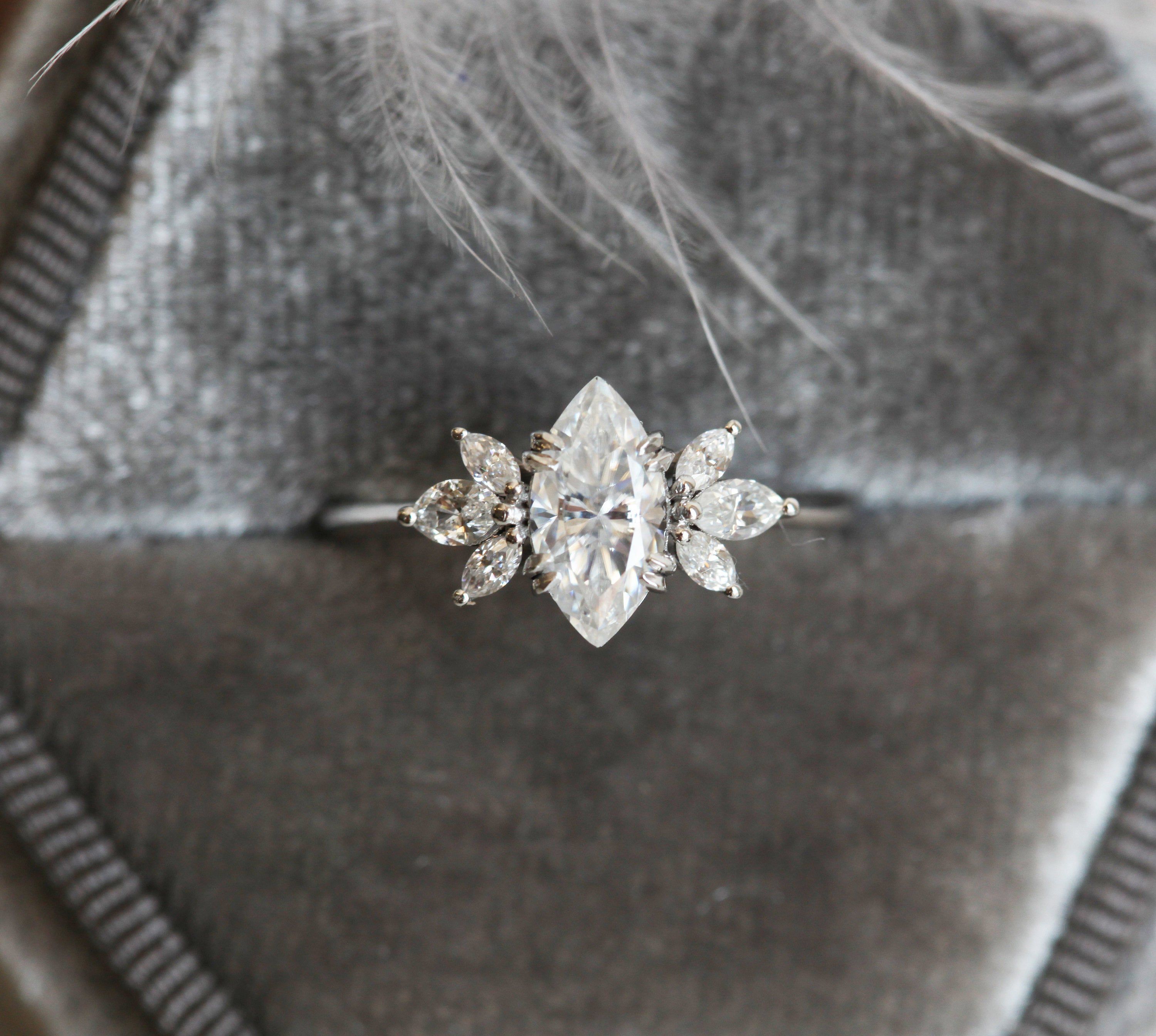 Marquise Diamond Ring, Marquise Diamond Engagement Ring with Marquise Side Diamonds, Platinum Diamond Ring, Floral Diamond Ring