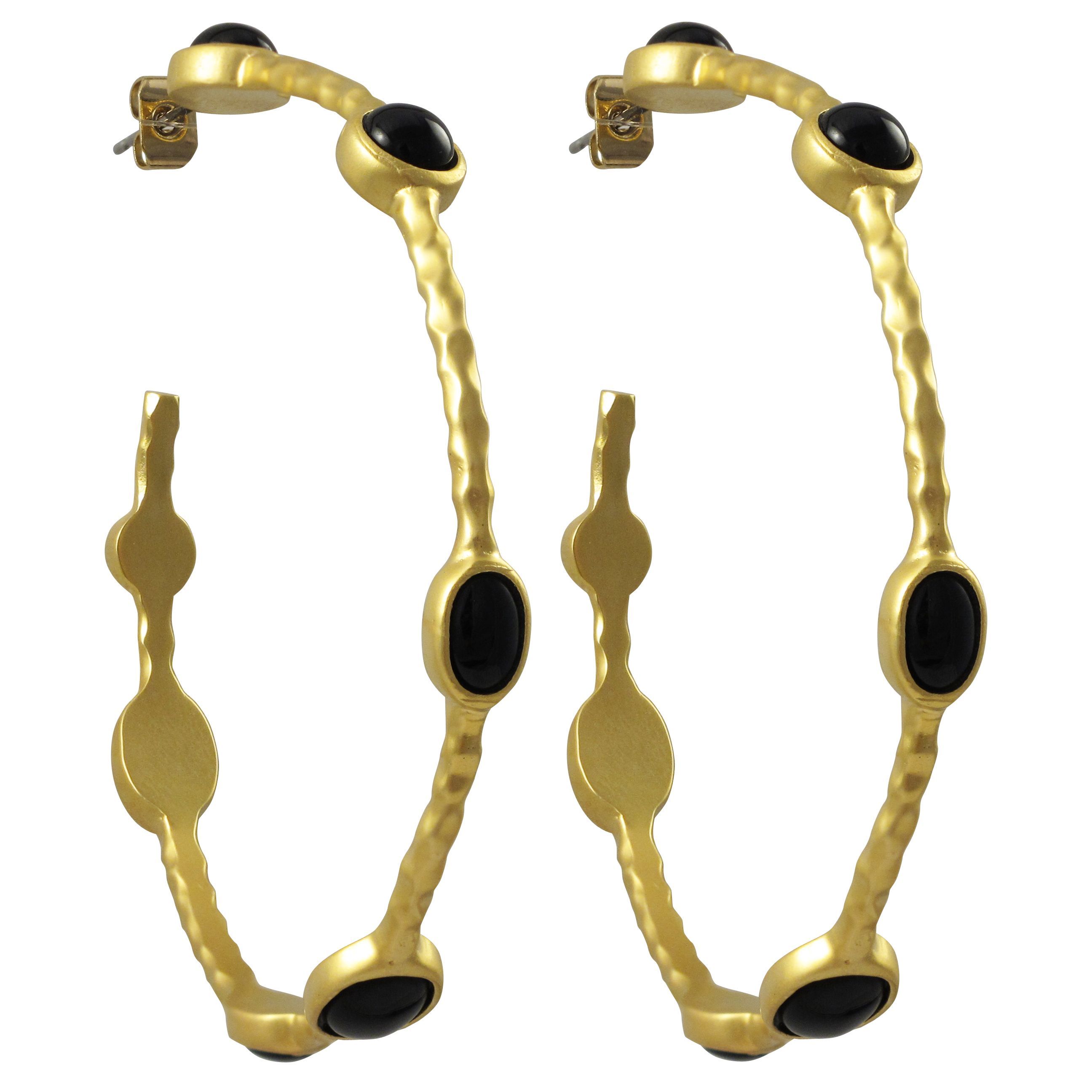 Luxiro Hammered Gold Finish Black Bead Hoop Earrings