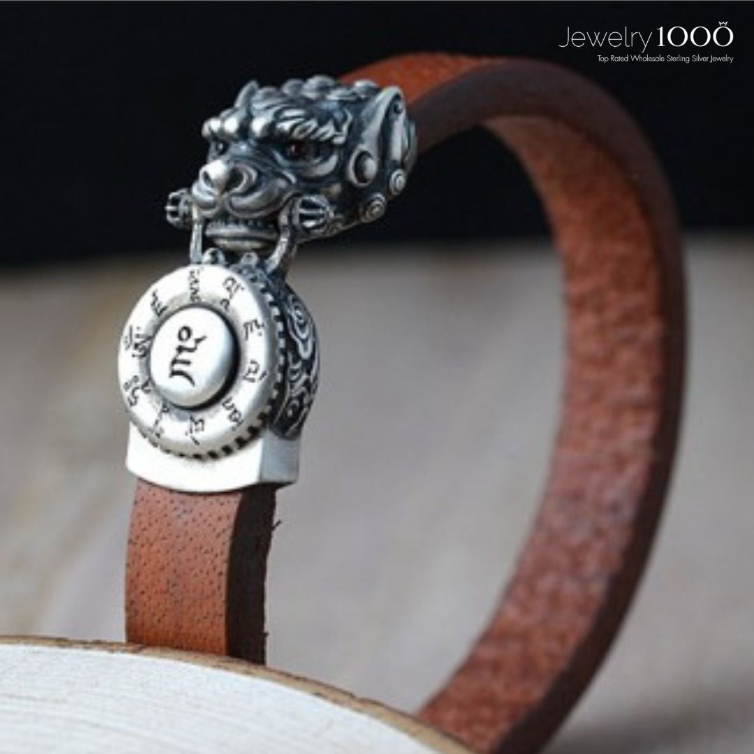 Men's Sterling Silver Dragon Clasp Leather Bracelet