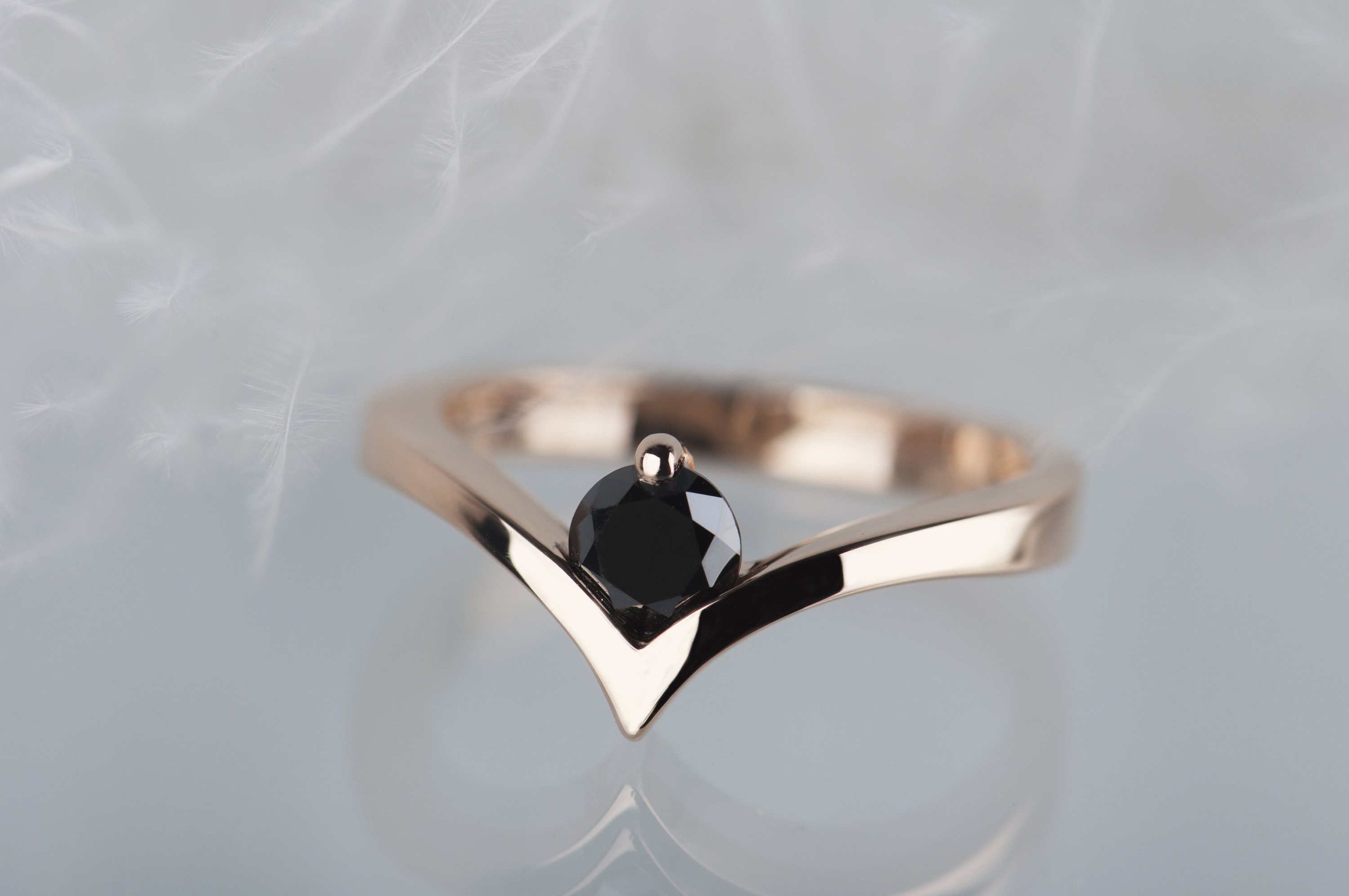 Black diamond rose gold engagement ring, 14K gold minimalist alternative engagement ring