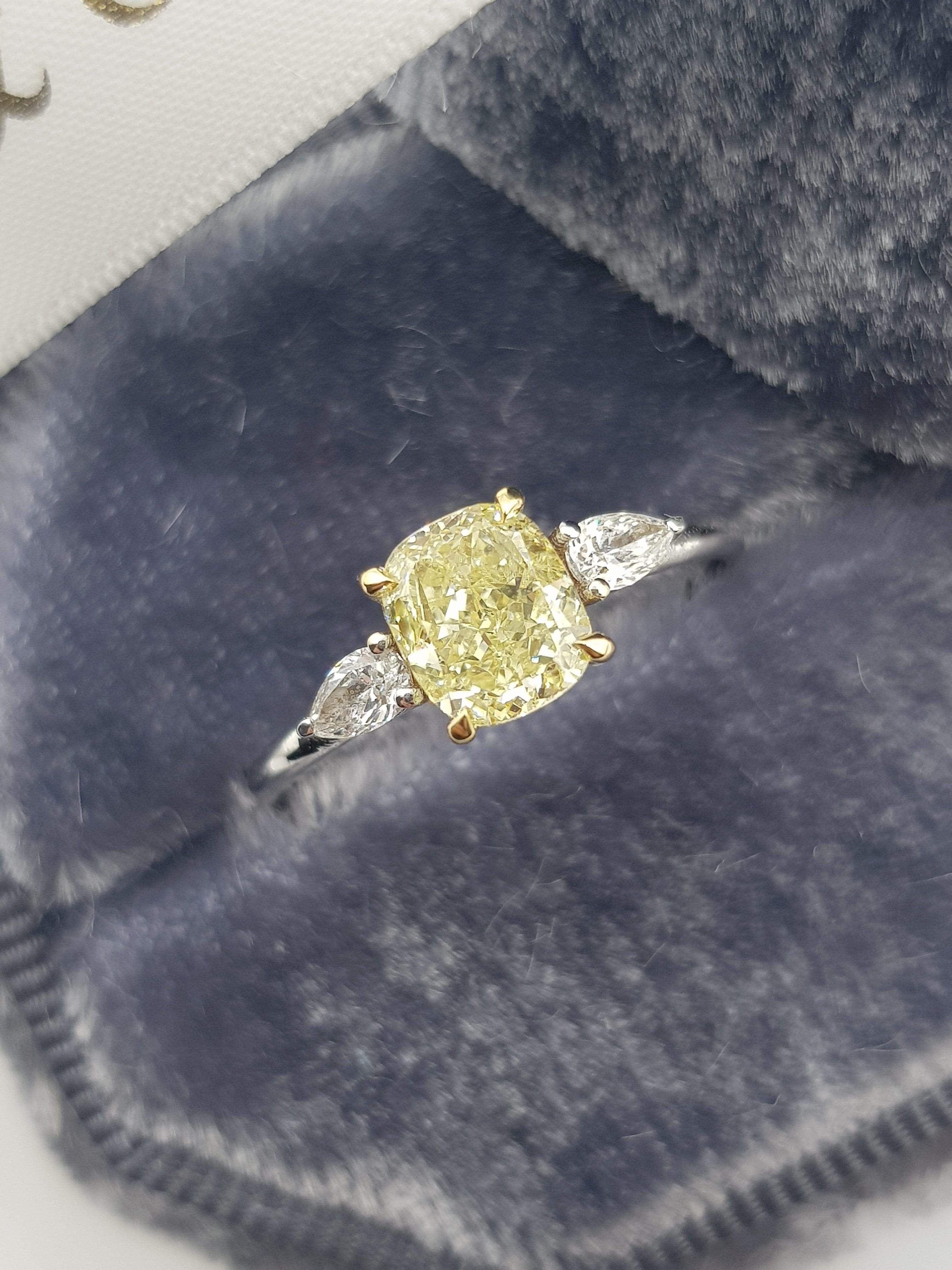 1.30 Carats Fancy Yellow Cushion Cut with 2 Pear Shape Side Stones Diamond Engagement Ring - 3.5