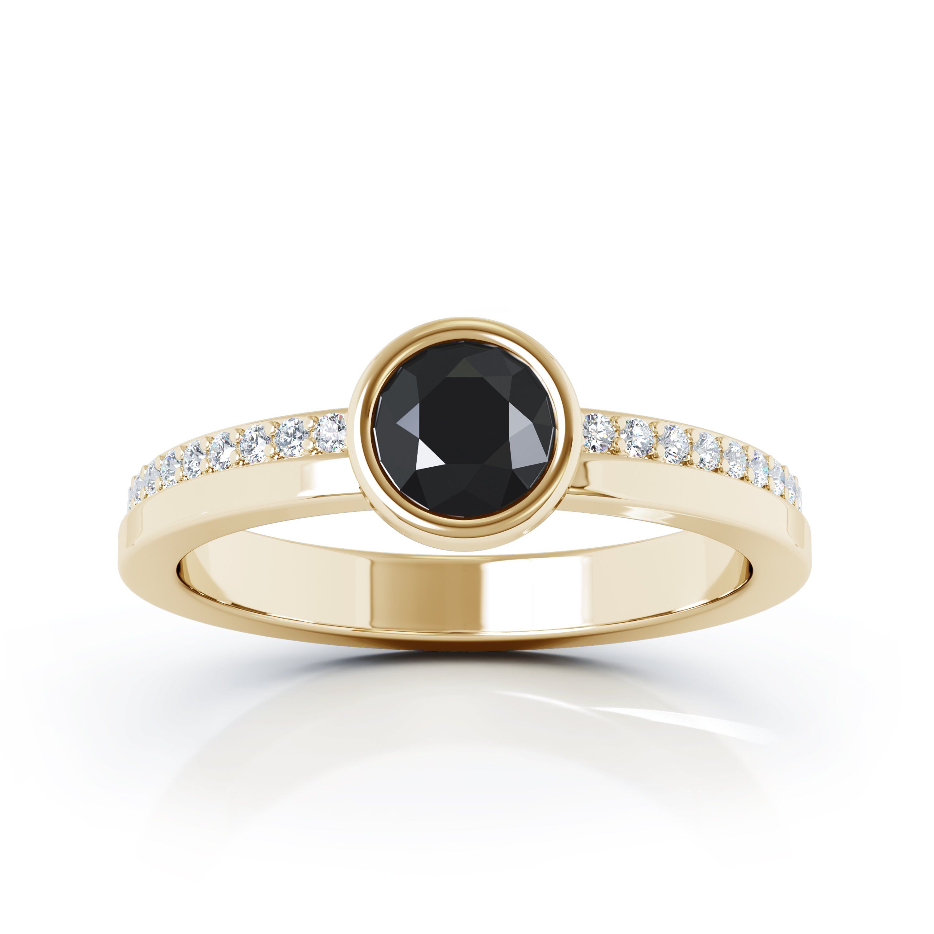 14K Gold Bezel 5MM Black Onyx & Diamond Ring (0.15 Ct, G-H , SI2-I1) - 7 / Yellow Gold